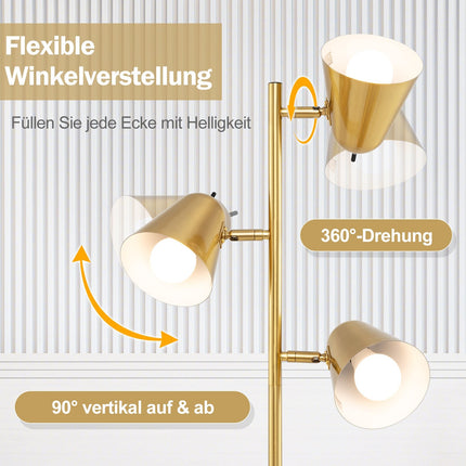 Lampă de podea cu 3 becuri LED E27 reglabile, auriu, 163 cm