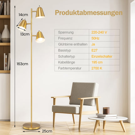 Lampă de podea cu 3 becuri LED E27 reglabile, auriu, 163 cm