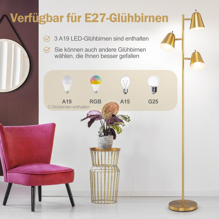 Lampă de podea cu 3 becuri LED E27 reglabile, auriu, 163 cm