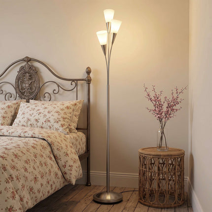Floor Lamp with 3 Glass Shades, Foot Switch, 3 x E14, 40 W, Silver