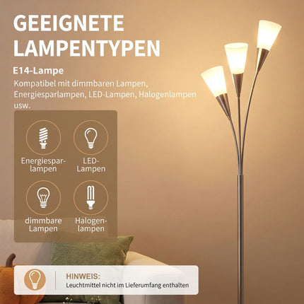 Floor Lamp with 3 Glass Shades, Foot Switch, 3 x E14, 40 W, Silver