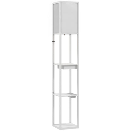 Lampă de podea cu raft cu 3 niveluri, porturi USB, MDF alb