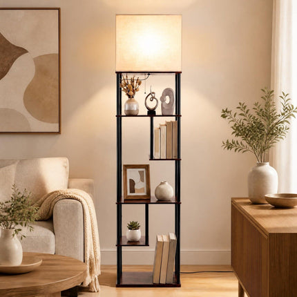 Floor Lamp with 5 Shelves 172 cm, Linen Shade, E27 Socket, Pull-Cord Switch