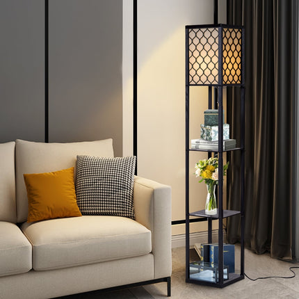 Lampă de podea cu rafturi, lemn negru, abajur crem, 160 cm