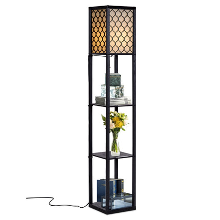 Lampă de podea cu rafturi, lemn negru, abajur crem, 160 cm