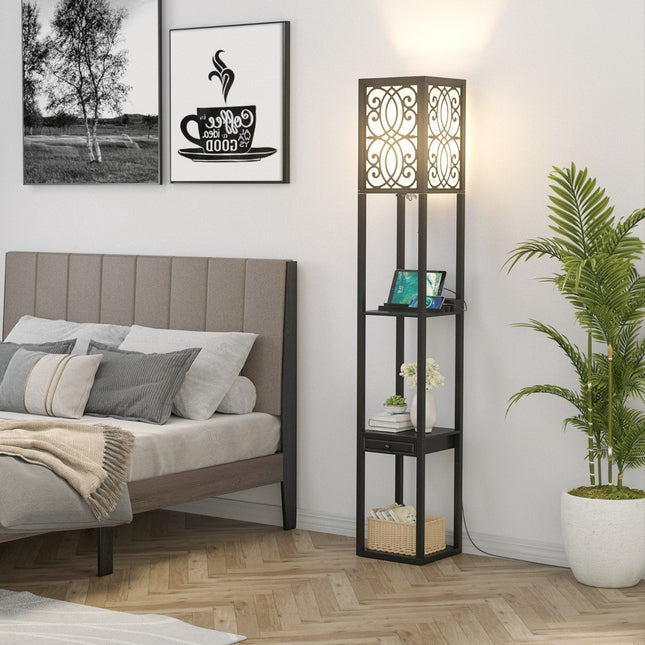 Floor lamp with shelves and drawer for living room bedroom 26 x 26 x 160.5 cm black