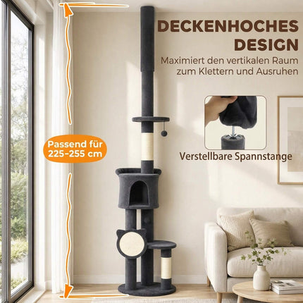 Floor-to-Ceiling Cat Tree 225-255 cm with Cave and Hammock, Dark Grey
