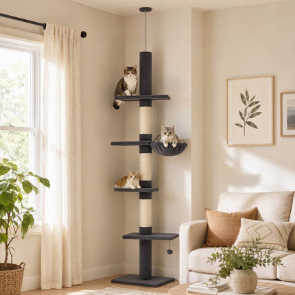 Floor-to-Ceiling Cat Tree 225-255 cm with Hammock, 5 Levels, Dark Grey