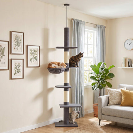 Floor-to-Ceiling Cat Tree 225-255 cm with Hammock, 5 Levels, Dark Grey