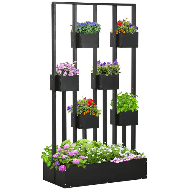 Cutie de Flori, Pat Inaltat, Cutie De Plante Cu Spalier, Design Modular, Pat Legume De Perete Pentru Terasa, Lemn Masiv, Negru, 90 X 45 X 170 Cm