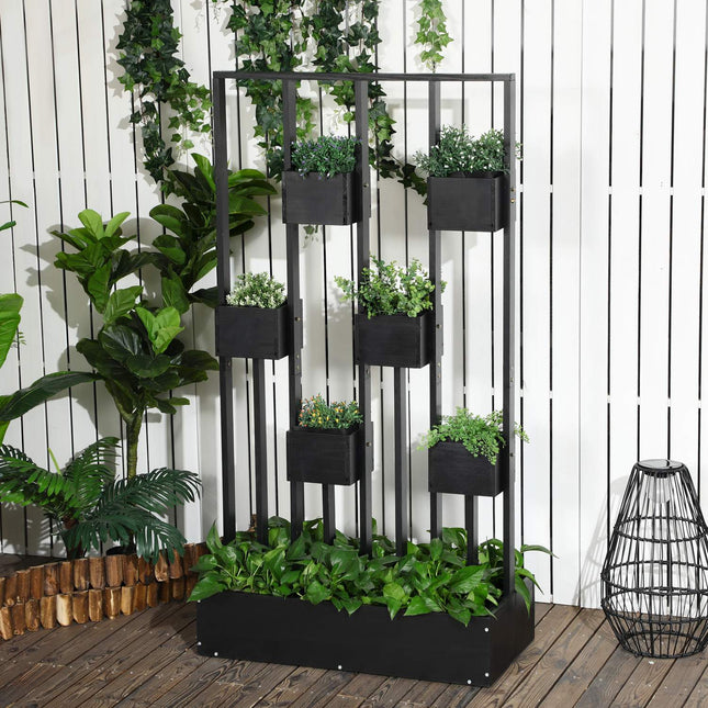 Cutie de Flori, Pat Inaltat, Cutie De Plante Cu Spalier, Design Modular, Pat Legume De Perete Pentru Terasa, Lemn Masiv, Negru, 90 X 45 X 170 Cm