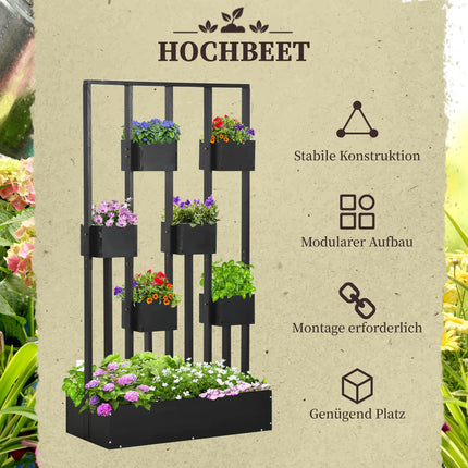 Cutie de Flori, Pat Inaltat, Cutie De Plante Cu Spalier, Design Modular, Pat Legume De Perete Pentru Terasa, Lemn Masiv, Negru, 90 X 45 X 170 Cm