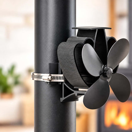 Flue Pipe Chimney Fan with 4 Blades and 2 Hose Clamps, Black, Aluminium
