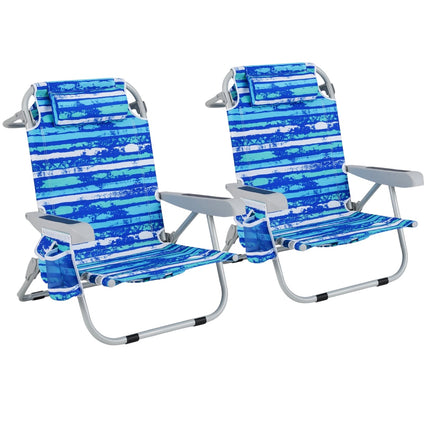 Set de 2 scaune de plajă pliabile tip rucsac, suport pentru pahare, bleumarin