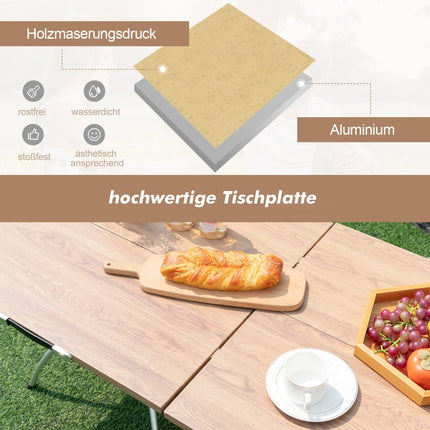 Set masă pliabilă pentru camping, blat cu aspect de lemn, cadru din aluminiu