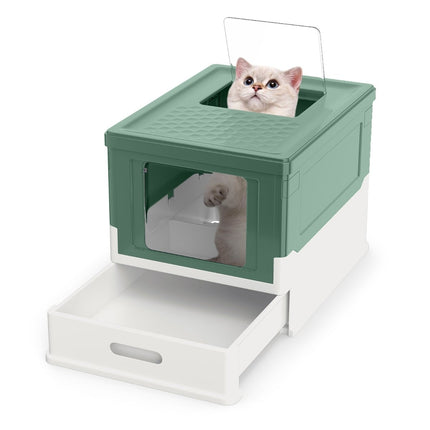 Litiera pliabilă pentru pisici cu capac și tavă extensibilă, verde