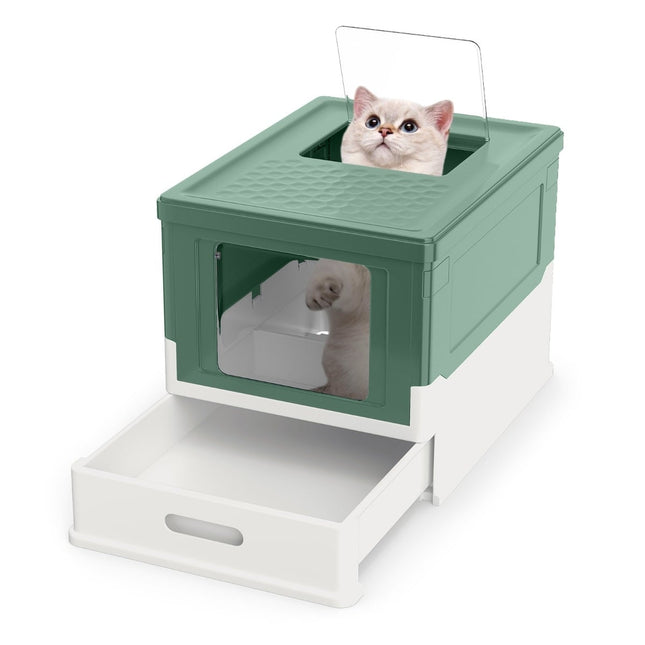 Litiera pliabilă pentru pisici cu capac și tavă extensibilă, verde