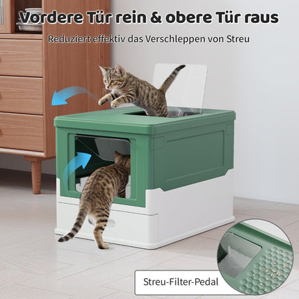 Litiera pliabilă pentru pisici cu capac și tavă extensibilă, verde