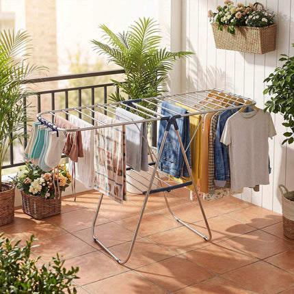 Foldable Clothes Drying Rack with Sock Clips and Wings, Stainless Steel, Blue
