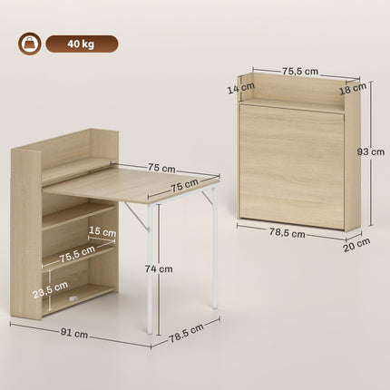 Masă de sufragerie pliabilă cu raft, design industrial, stejar, economisește spațiu