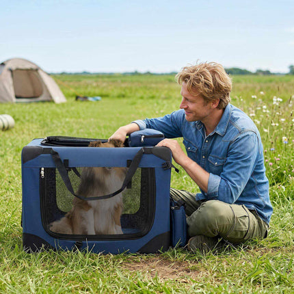 Foldable Dog Crate with 3 Doors and Carrying Handles, 72 x 52.5 x 52.5 cm, Blue