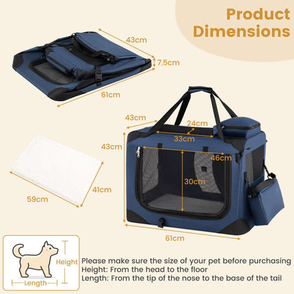 Foldable Dog Crate with 3 Doors and Removable Padding, 61 x 43 x 43 cm, Blue