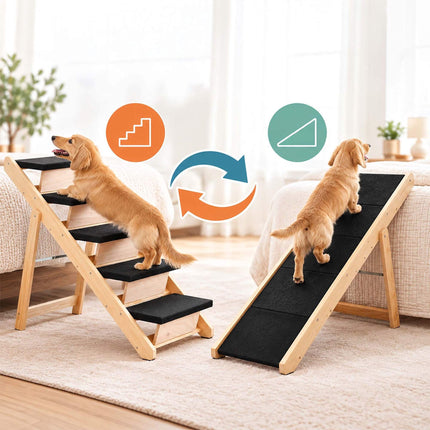 Foldable Dog Stairs and Ramp 2-in-1 with 5 Steps, Up to 50 kg, Pine Wood