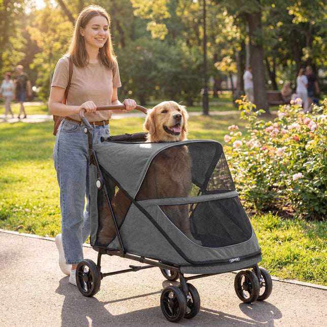 Cărucior pliabil pentru câini de talie mare, până la 30 kg, gri