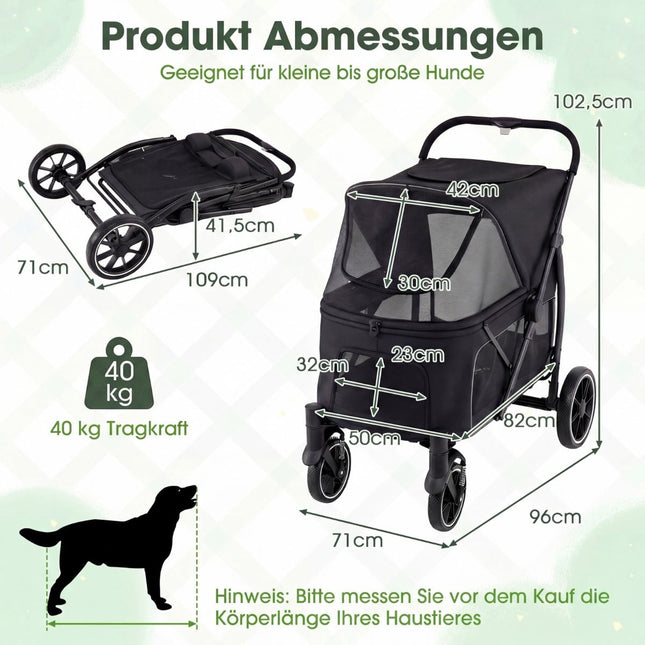 Cărucior pliabil pentru câini cu roți all-terrain, negru