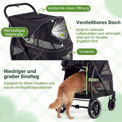 Cărucior pliabil pentru câini cu roți all-terrain, negru