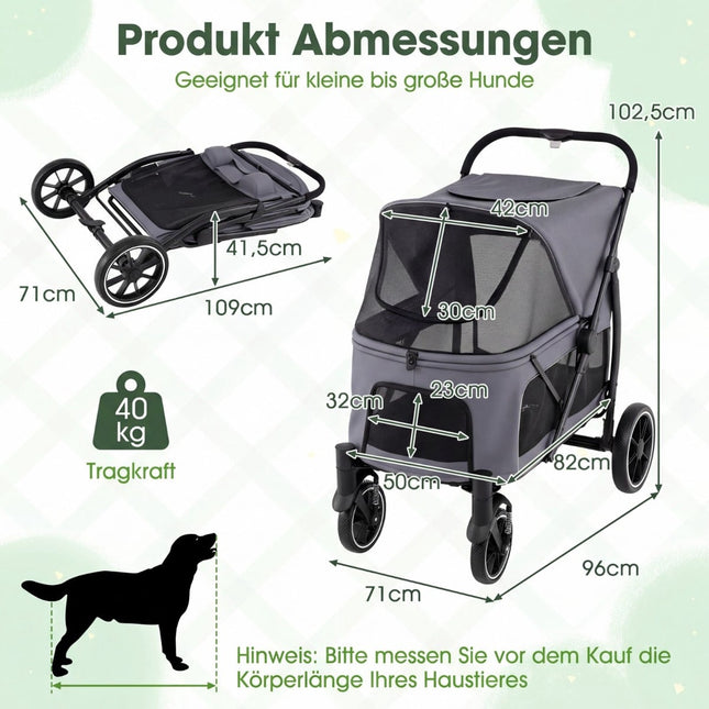 Cărucior pliabil pentru câini cu roți all-terrain, gri