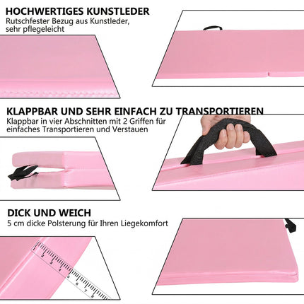 Saltea de fitness pliabilă cu mânere, 180x60x5 cm, roz
