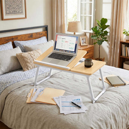 Foldable Laptop Tray for Bed and Sofa with Mouse Tray – Wood Effect, White