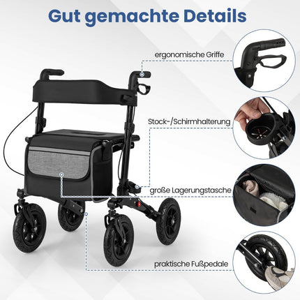 Rollator usor pliabil cu anvelope pneumatice, aluminiu, capacitate 140 kg