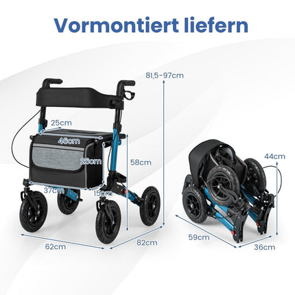 Rollator usor pliabil cu anvelope pneumatice, aluminiu, capacitate 140 kg