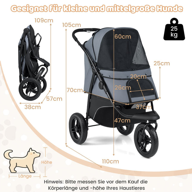 Cărucior pliabil pentru animale de companie, cu 3 roți, copertină reglabilă, capacitate 25 kg