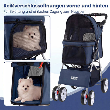 Cărucior pliabil pentru animale de companie, plasă respirabilă, anvelope all-terrain, albastru