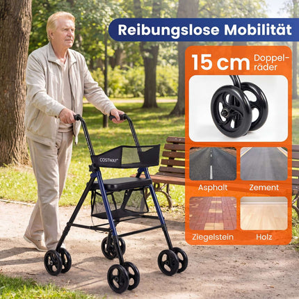 Rollator pliabil cu scaun, înălțime reglabilă, albastru