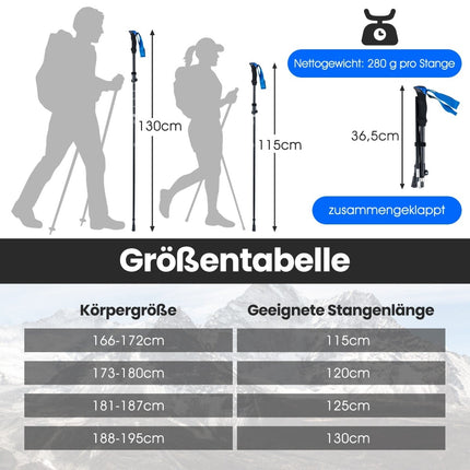 Bețe de trekking pliabile, cu închidere rapidă, 115-130 cm, albastre