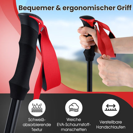 Bețe de trekking pliabile, cu închidere rapidă, 115-130 cm, roșii