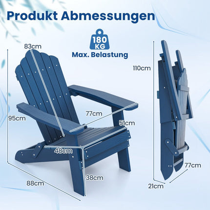 Scaun pliabil Adirondack, HIPS rezistent la intemperii, albastru marin