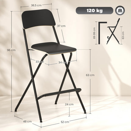 Set de 2 scaune de bar pliabile, cadru din oțel negru, capacitate 120 kg