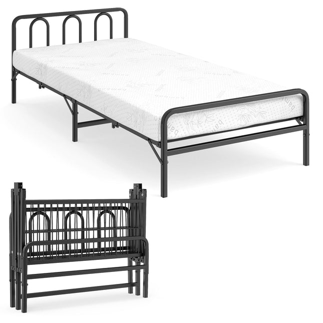 Cadru de pat pliabil cu saltea, negru, 200 x 90 cm