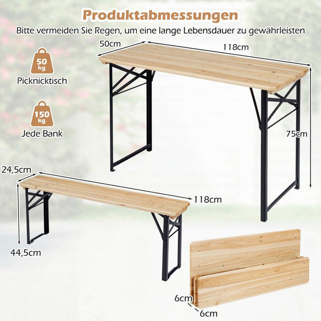 Set pliabil pentru grădină de bere cu masă și 2 bănci, 118 cm
