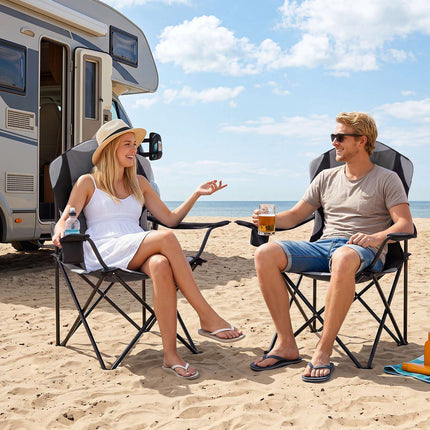 Scaune pliabile de camping cu suporturi pentru pahare, negre – pachet de 2