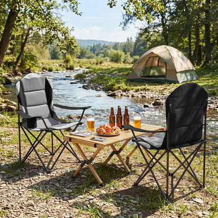 Scaune pliabile de camping cu suporturi pentru pahare, negre – pachet de 2