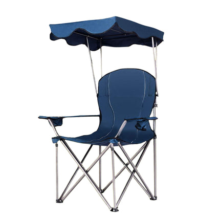 Scaun de camping pliabil cu parasolar, suport pentru pahare, albastru