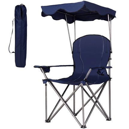 Scaun de camping pliabil cu parasolar, suport pentru pahare, albastru