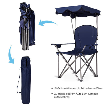 Scaun de camping pliabil cu parasolar, suport pentru pahare, albastru