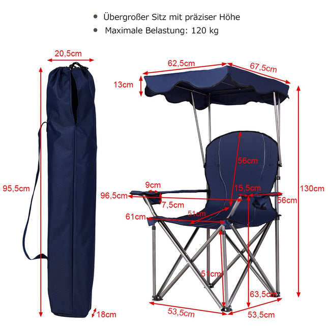 Scaun de camping pliabil cu parasolar, suport pentru pahare, albastru